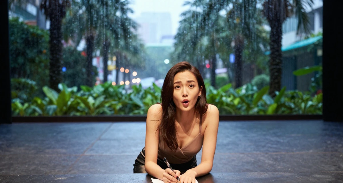 A playful Female From Kaohsiung Taiwan, started modeling while studying visual design in their 23, comparing their career progress to peers online, wearing a wrap-front bodysuit and leather leggings, holding a pen poised to write in a empty theater stage.