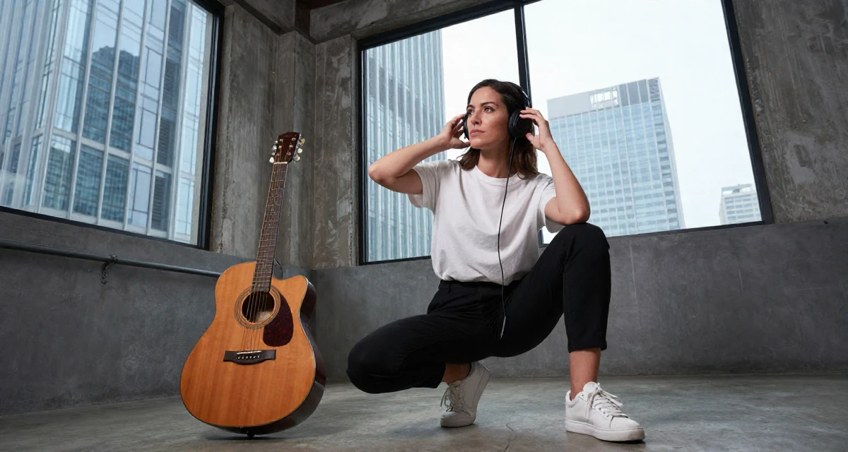 A gently serious Female From Italy, studied graphic design in their 48, confident public speaker and thought leader, wearing a minimalist Scandinavian style, listening to music with headphones in a industrial loft.