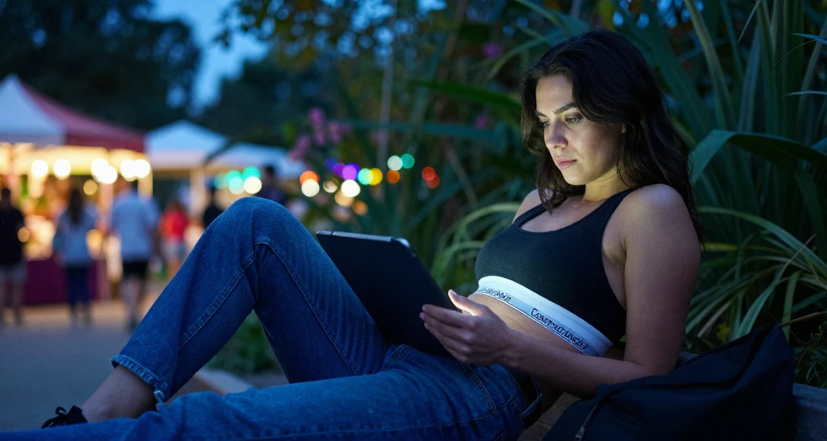 A enigmatic Female From Toronto Canada, studied criminology in their 25, planning next steps in personal development, wearing a classic calvin klein style sports bra and jeans, holding a tablet device in a botanical garden.
