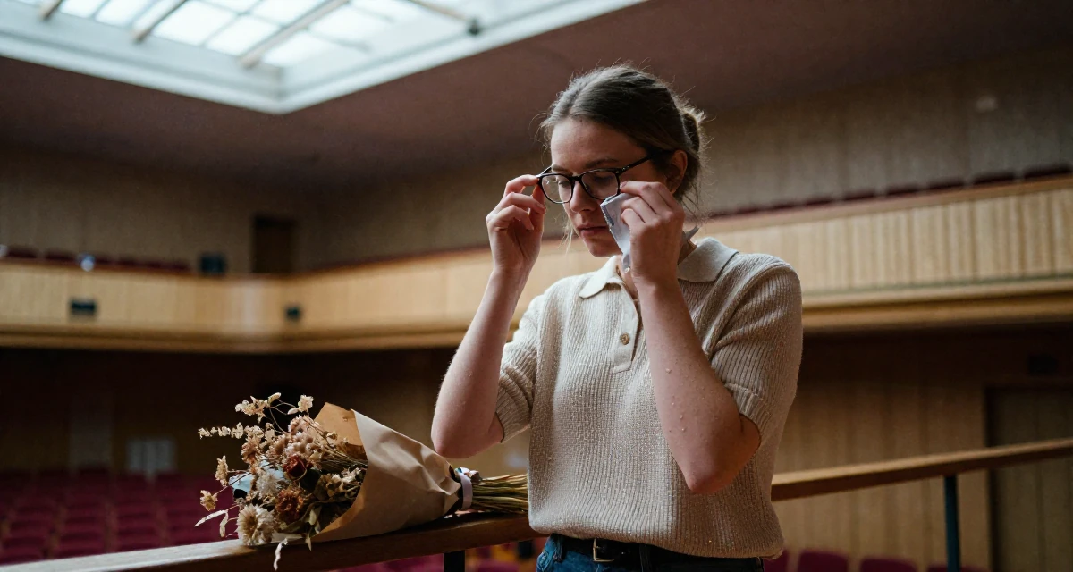 A focused Female From Finland, based in Tampere, graduated from a tech university majoring in human-centered design in their 25, taking first steps toward financial autonomy, wearing a smart knit polo, cleaning glasses with a cloth in a concert hall.