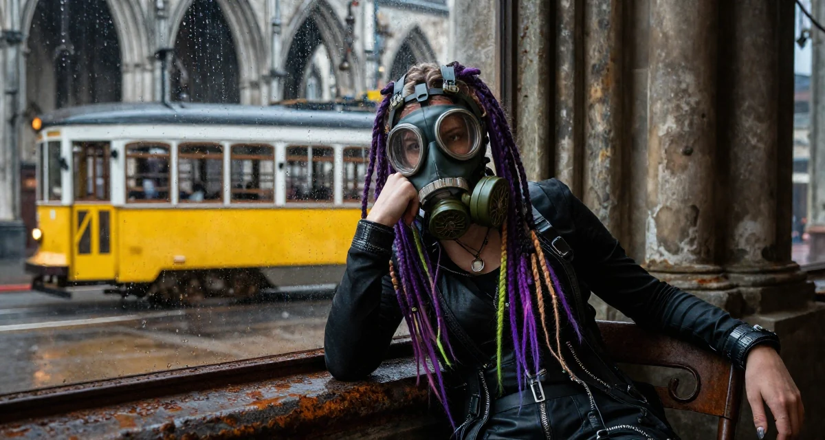 A tense Female From USA, majored in journalism and media studies in their 23, balancing risk-taking with stability needs, wearing a cyber-goth outfit with gas mask and neon dreads, resting a chin on a hand in a gothic cathedral interior.