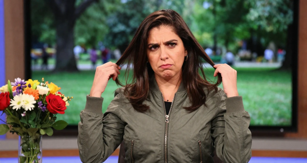 A unimpressed Female From Guadalajara Mexico, majored in business analytics in their 35, celebrating a major career milestone, wearing a classic bomber jacket style, fixing a loose strand of hair in a tv set.