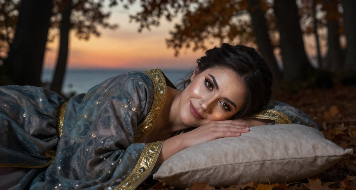 A smirking Female From Turkey, majored in mechatronics in their 21, hiding insecurity behind a perfect makeup look, wearing a high-fantasy sorceress robe with gold embroidery, cracking knuckles in a autumn forest.