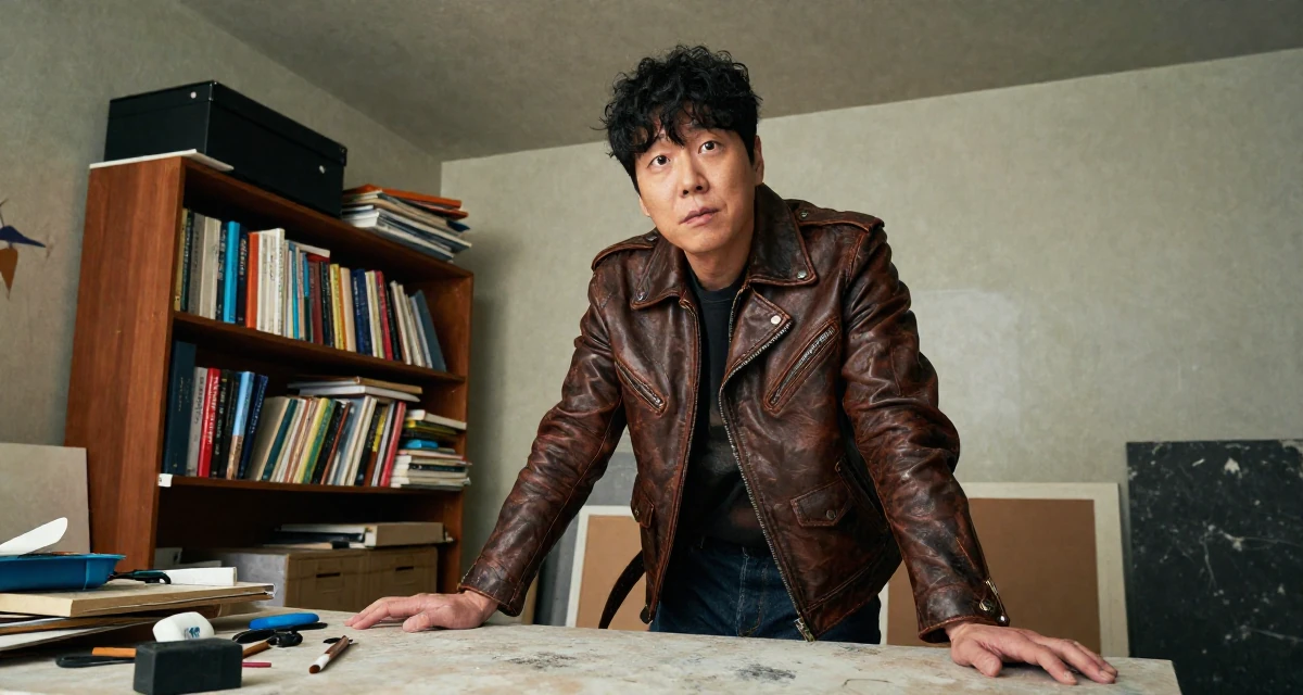 A bold and charismatic male From South Korea, based in Jeju, graduated from a fashion school majoring in body language aesthetics in their 42, renovating a forever home with detailed care, wearing a vintage-inspired leather jacket look, resting hands on a table in a messy artist studio.