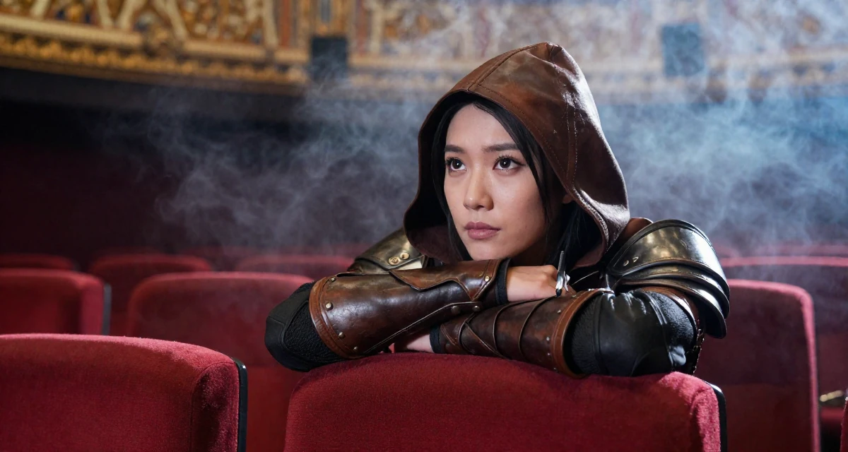 A longing Female Former retail cashier, now monetizing aesthetic self-portraits in their 33, balancing softness with inner strength, wearing a fantasy rogue leather armor with a hood, holding a pen in a cinema lobby.