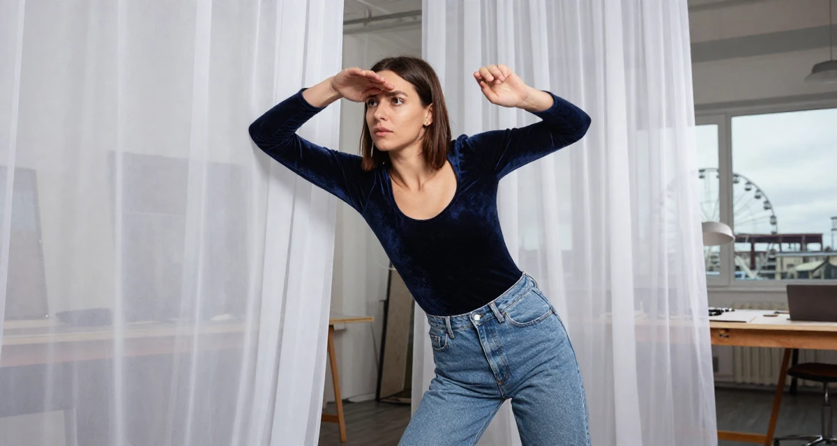 A yearning Female From Hamburg Germany, learned studio lighting from fashion workshops in their 32, seeking intellectual challenges over busy work, wearing a velvet bodysuit and high-waisted mom jeans, shading eyes with a hand in a artist workshop.