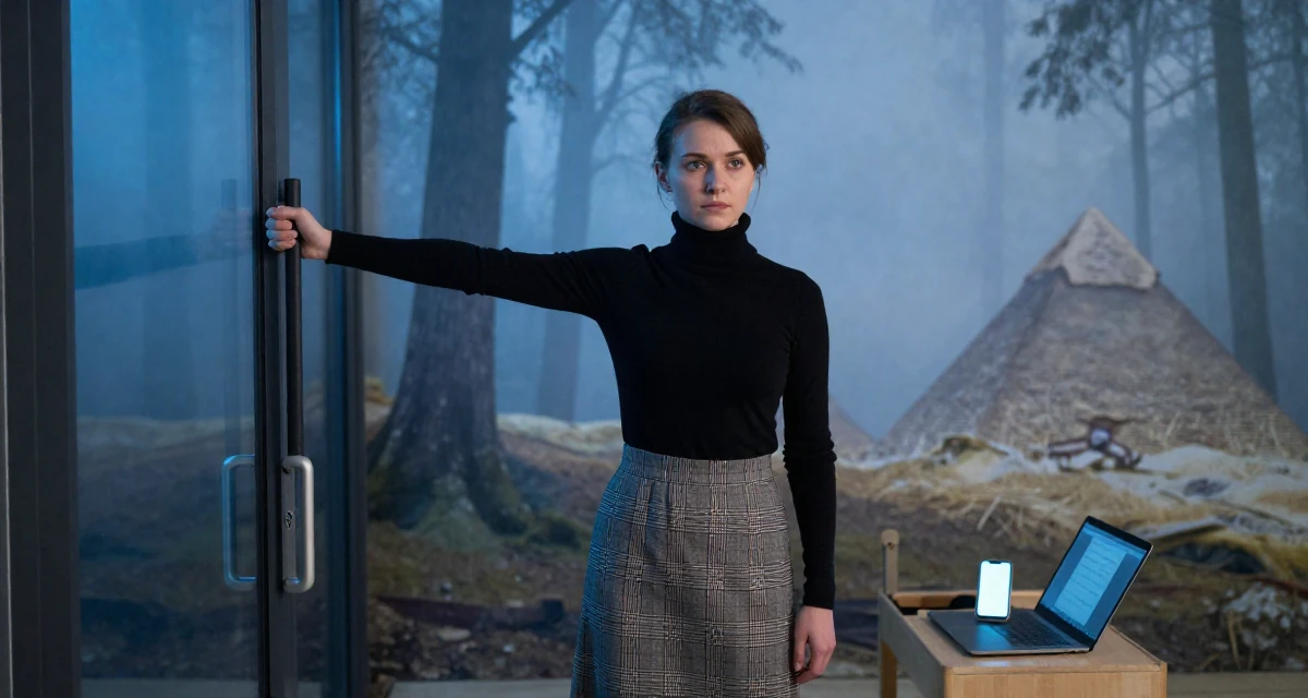 A resolute Female From Russia, studied linguistics and translation in their 22, confronting competitive job markets, wearing a classic black turtleneck tucked into a plaid midi skirt, pulling a door open in a yoga studio.