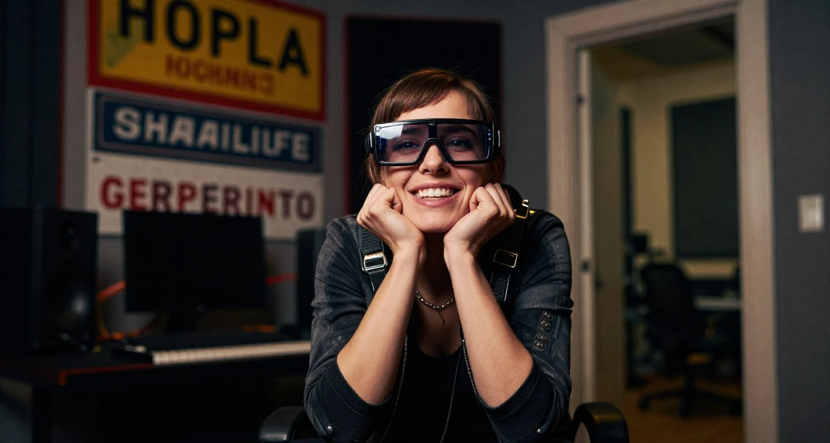 A victorious Female From Romania, trained in multimedia design in their 34, sharing the journey of infertility and hope, wearing a cyberpunk hacker outfit with oversized tech glasses, humming a tune visually in a music studio.