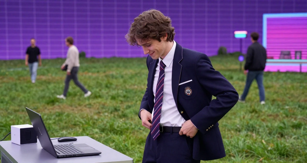 A softly smiling male Previously a bartender, now expressing nightlife energy through content in their 22, facing creative blocks during busy weeks, wearing a school council president uniform with a blazer, adjusting a belt in a grassy field.