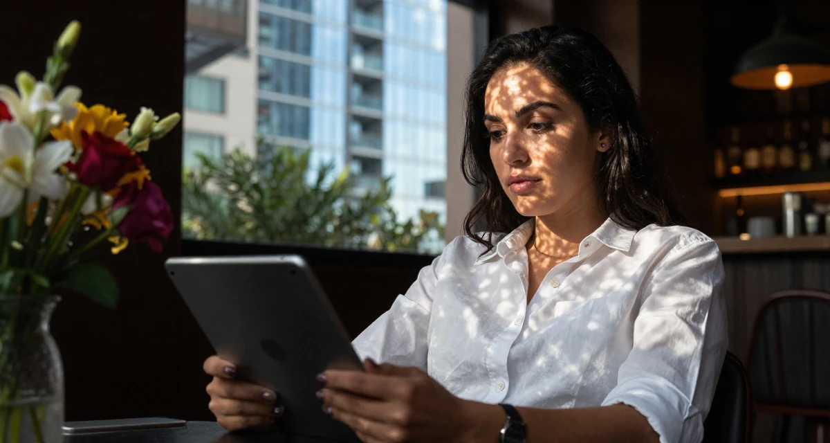 A mysterious Female Raised in Morocco, studied international marketing in their 37, trying to stabilize income, wearing a crisp button-up with rolled sleeves, holding a tablet in a dimly lit jazz bar.
