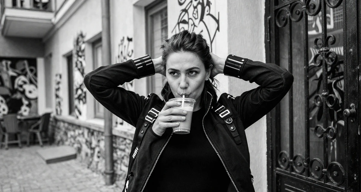 A commanding Female From Turkmenistan, studied industrial technology in their 35, at the peak of creative energy and output, wearing a cyberpunk street samurai gear with neon accents, sipping a latte in a modern apartment.