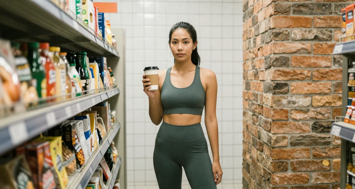 A reassured Female From Thailand, based in Chiang Mai, graduated from a regional college majoring in content production in their 23, saving aggressively for a dream travel trip, wearing a fitted athletic wear, holding a cup of coffee in a supermarket aisle.