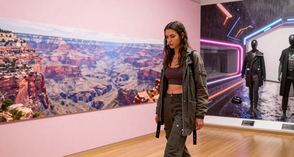 A sensual Female From Hungary, majored in economics in their 25, dealing with pressure to choose a major, wearing a modern grunge aesthetic, pausing mid-step in a museum exhibit.