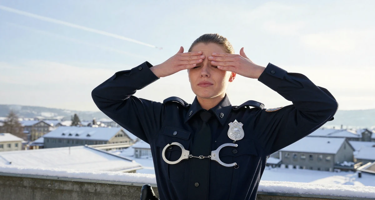 A confused Female From Switzerland, based in Zurich, graduated from a creative institute majoring in high-end glam production in their 24, leaning into confidence as a form of creative expression, wearing a police officer uniform with a badge and handcuffs, covering eyes from the sun in a lecture hall.