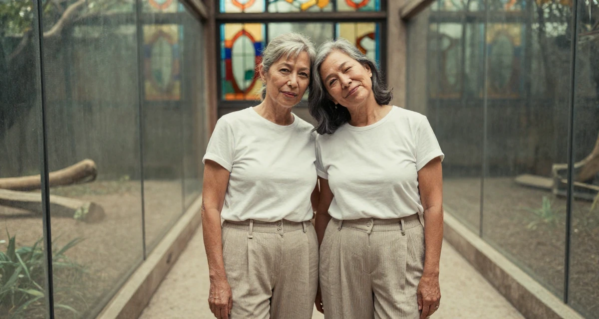 A assured Female From USA, studied screenwriting in Los Angeles in their 40, supporting aging parents, wearing a relaxed fit pleated trousers, winking playfully in a zoo enclosure path.