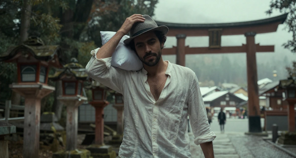 A soulful male From Brazil, majored in sociology in their 24, walking briskly with purpose and focus, wearing a lightweight chiffon blouse slightly unbuttoned, tipping a hat in a Japanese Shinto shrine.