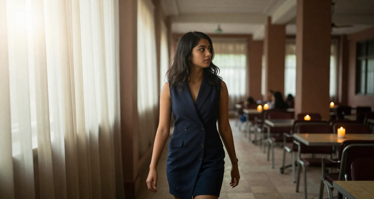 A mysterious Female From Nepal, based in Pokhara, graduated from a local college majoring in entrepreneurship in their 24, feeling a quarter-life crisis approaching, wearing a sleeveless blazer dress showing toned arms, looking at a menu in a university campus.