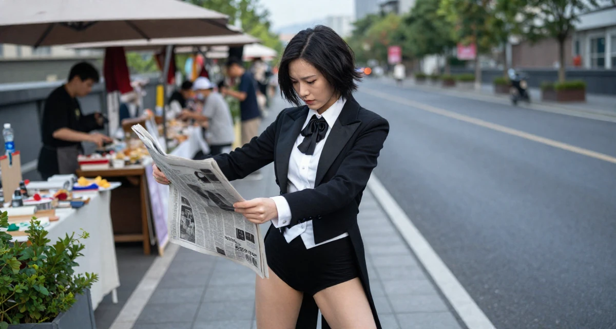 A timid Female From Hangzhou China, majored in visual arts in their 22, using sensual energy as empowerment instead of pressure, wearing a circus ringmaster outfit with a tailcoat, holding a newspaper in a rooftop garden.