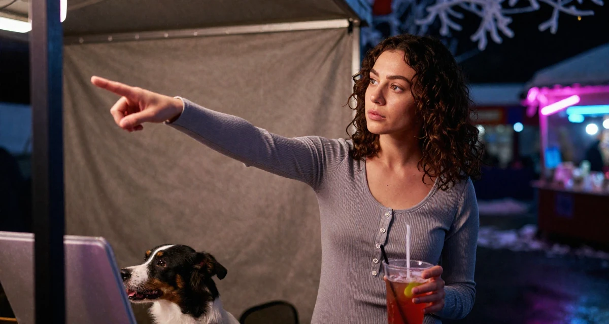 A deeply absorbed Female Once a dog trainer, now a pet-friendly lifestyle content creator in their 23, feeling pressure to “figure life out” quickly, wearing a ribbed cotton dress with buttons down the front, stirring a drink in a night market stall.