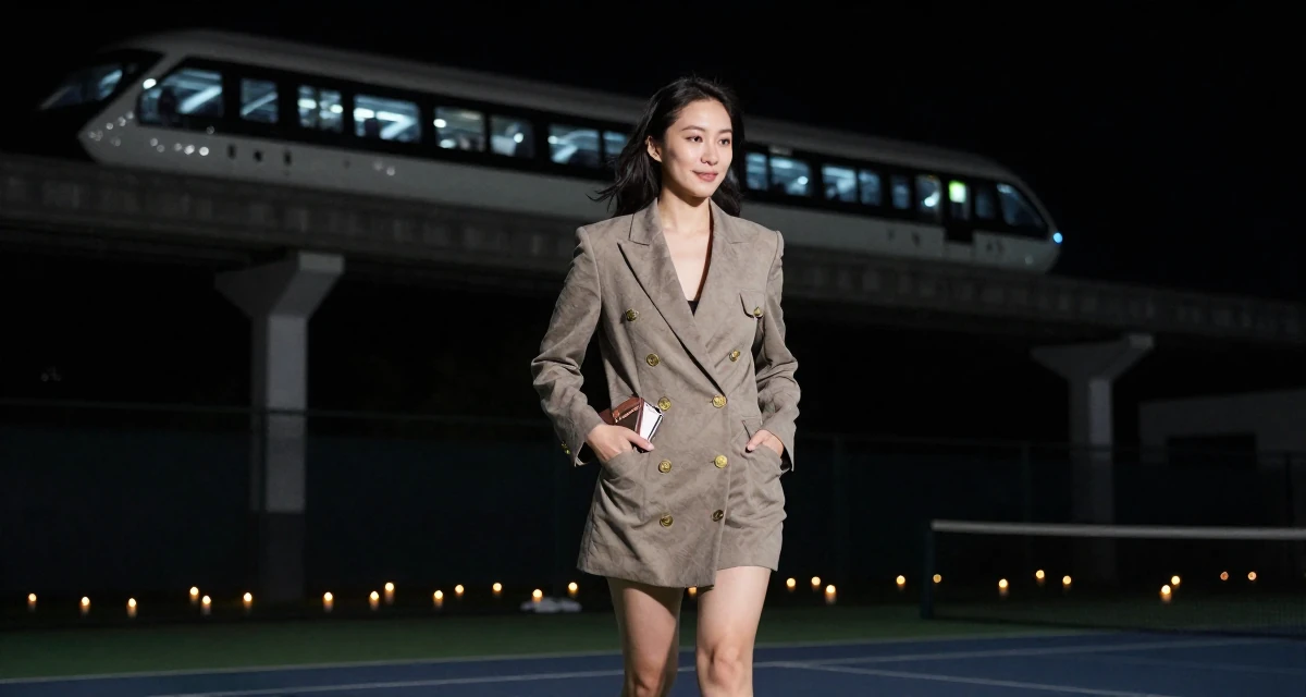 A positive Female From Hong Kong, trained in contemporary dance and visual expression in their 24, walking briskly with purpose and focus, wearing a double-breasted blazer dress with gold buttons, checking a wallet in a tennis court.