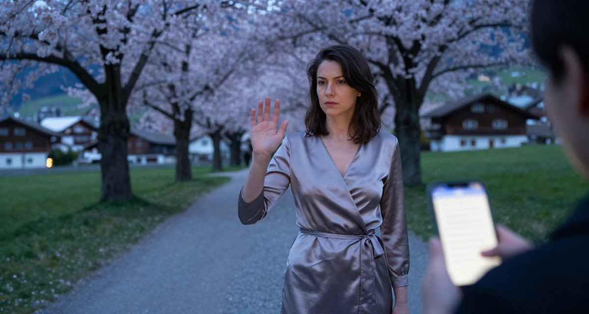 A pensive Female Once a bookstore clerk, now offering cozy aesthetic subscription content in their 23, building first professional networks, wearing a satin wrap dress tied loosely at the waist, waving to someone in a cherry blossom park.