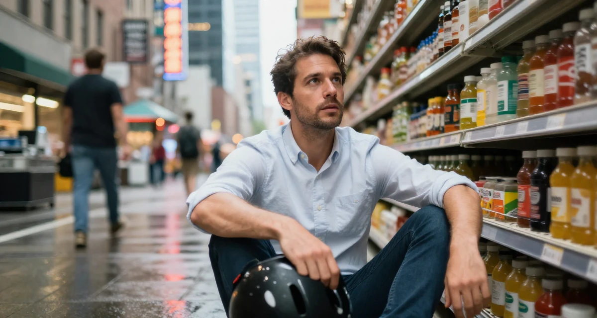 A yearning male From Montreal Canada, holds a degree in French literature in their 30, feeling established and financially stable, wearing a crisp button-up with rolled sleeves, holding a helmet under one arm in a supermarket aisle.