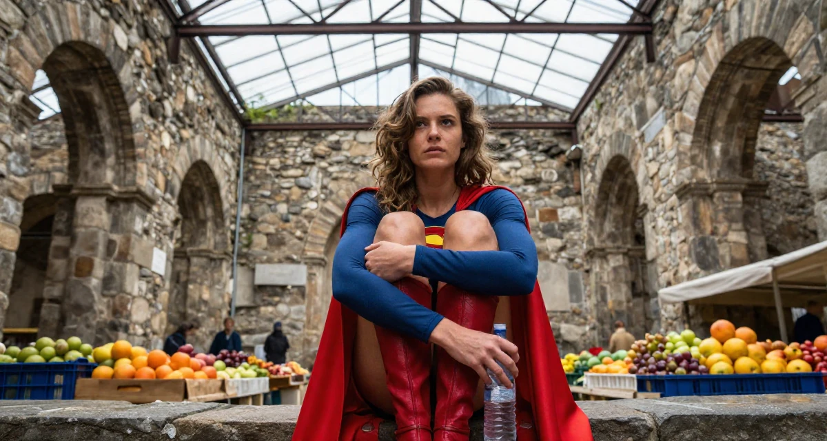 A intense Female From Prague Czech Republic, explored intimate photography as art in their 25, treating sensual content as art, not pressure, wearing a superheroine spandex suit with a cape, holding a water bottle in a ancient stone ruins.