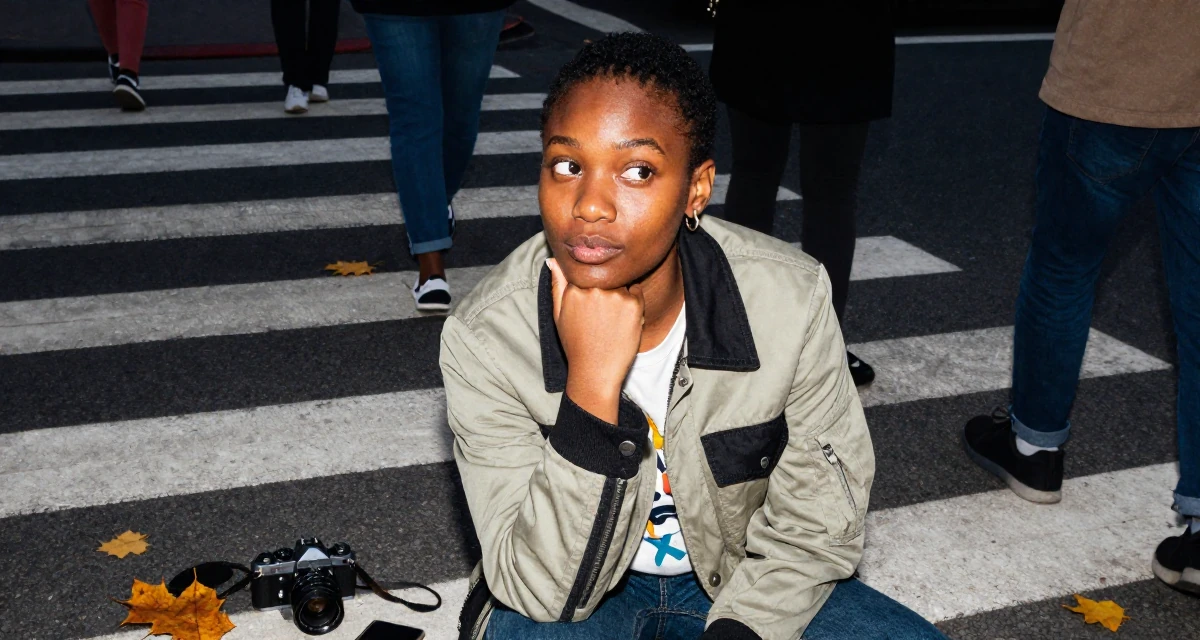 A curious Female From Nigeria, majored in business communication in their 22, joining creator communities for tips and support, wearing a structured jacket with casual tee, resting a chin on a hand in a busy crosswalk.