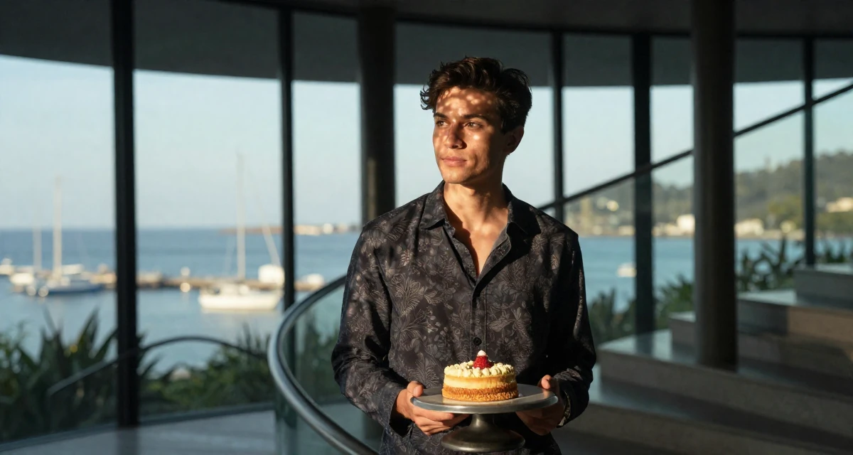 A calm male Previously a pastry student, now blending dessert aesthetics with lifestyle content in their 22, crafting content at midnight after work shifts, wearing a elegant evening casual wear, glancing sideways in a winding staircase.