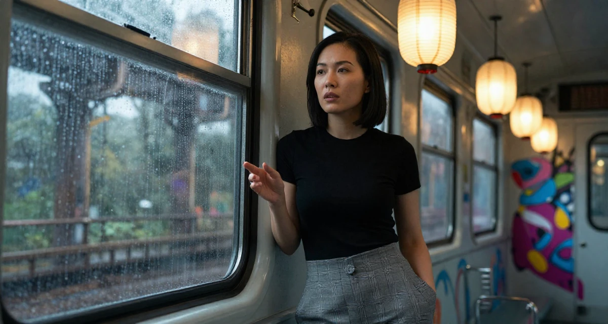 A guarded Female From Chongqing China, holds a degree in psychology in their 24, refining a signature style between classy and daring, wearing a grey plaid trousers and a fitted black tee, gesturing while talking in a train carriage.