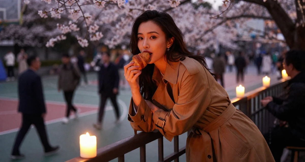 A alluring Female From Suzhou China, holds a degree in architecture in their 41, rediscovering personal style after forty, wearing a long trench coat belted tightly at the waist, eating a croissant in a basketball court.