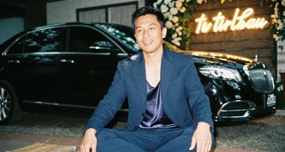 A friendly male From Chiang Mai Thailand, studied alternative wellness and body flow in their 48, confident public speaker and thought leader, wearing a crisp navy blue blazer over a silk camisole and trousers, dusting off the shoulder in a wedding venue.