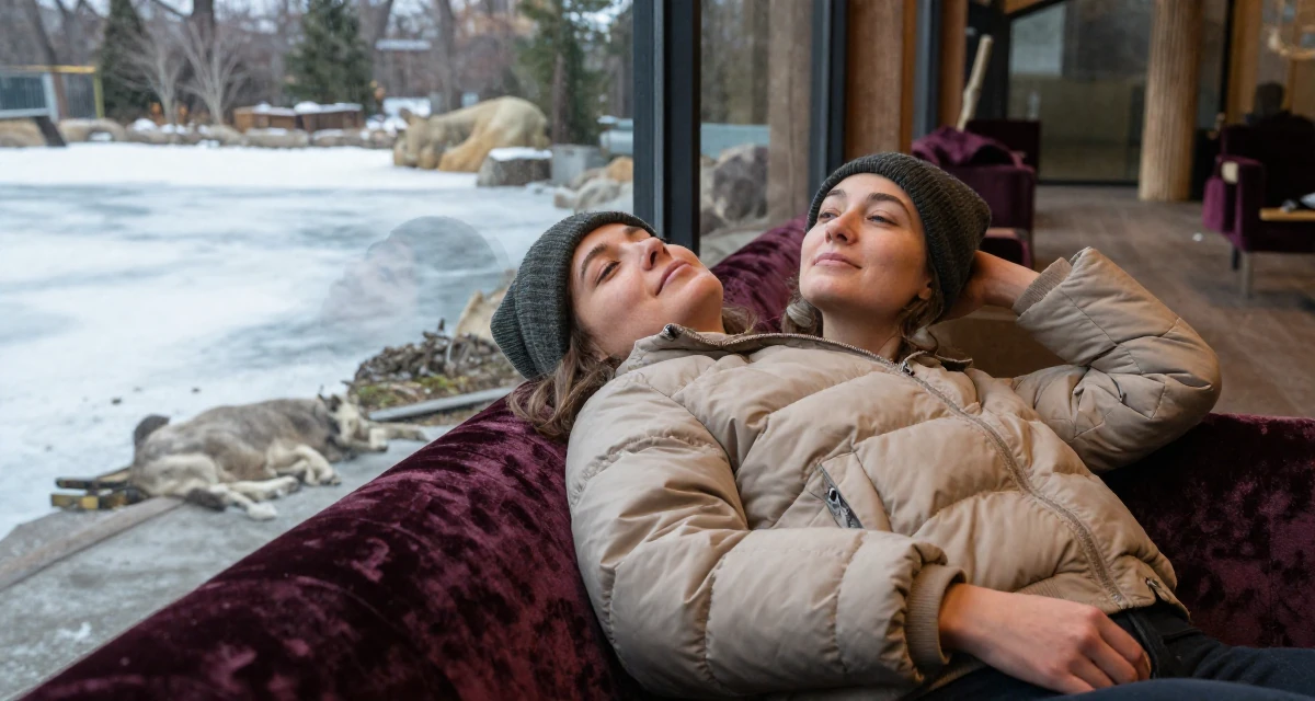 A serene and peaceful Female From Canada, based in Montreal, graduated from a design program majoring in intimate visual arts in their 26, seeking deeper meaning in daily work, wearing a warm puffer jacket and beanie, rolling up sleeves in a zoo enclosure path.