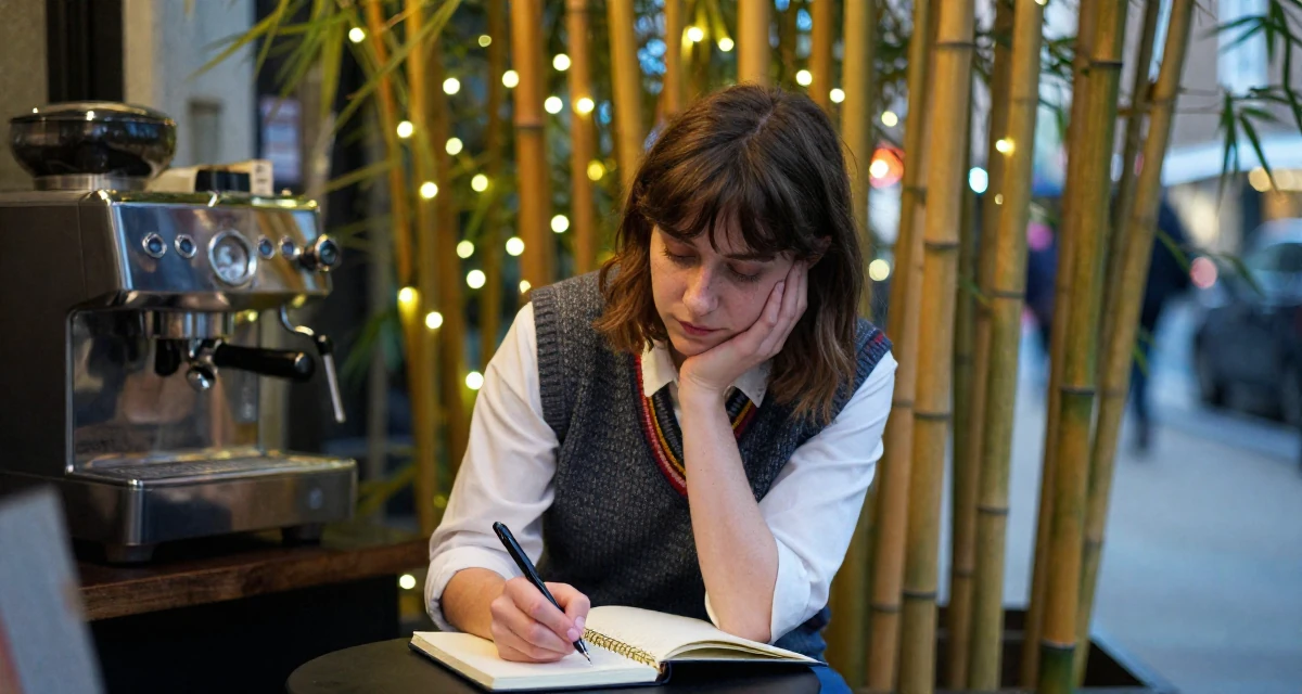 A fragile Female From UK, trained in musical theatre in their 20, creating content for a growing online audience, wearing a preppy sweater vest combo, writing in a notebook in a city sidewalk.