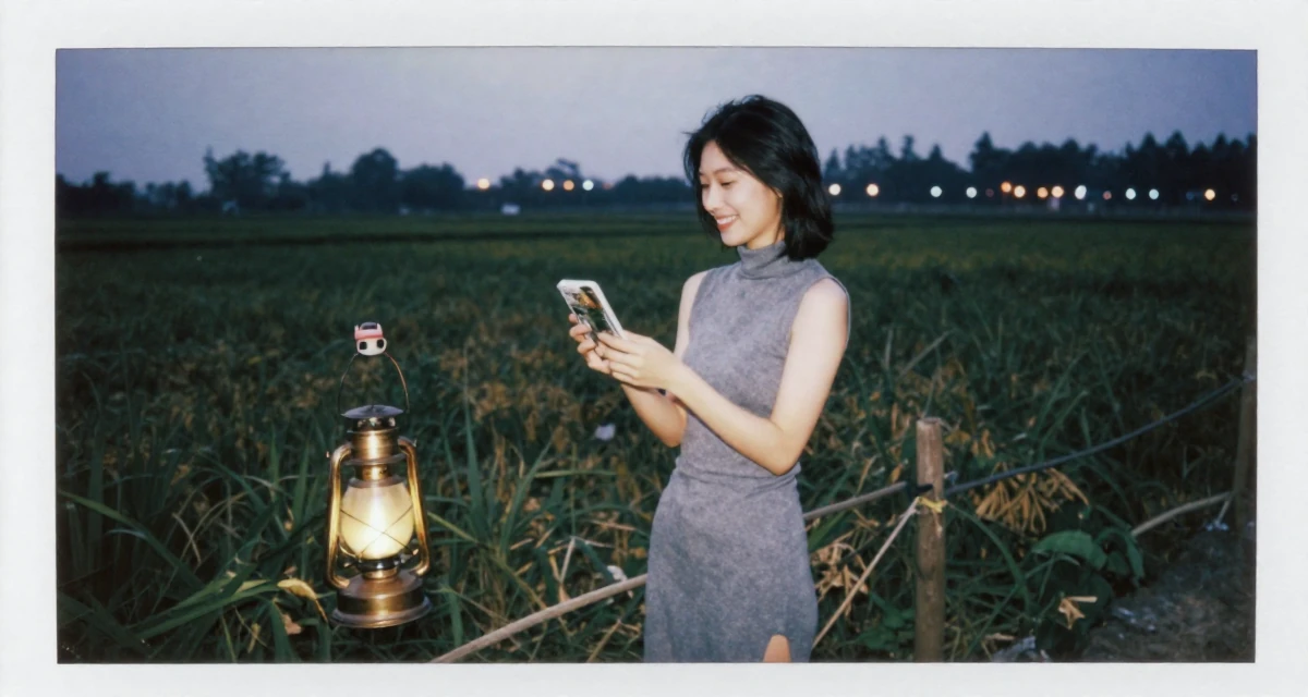 A hopeful Female From Guangzhou China, learned fashion styling through studio work in their 23, building content while fighting the urge to quit every week, wearing a sleeveless turtleneck dress with high side slits, examining a product in a farm field.