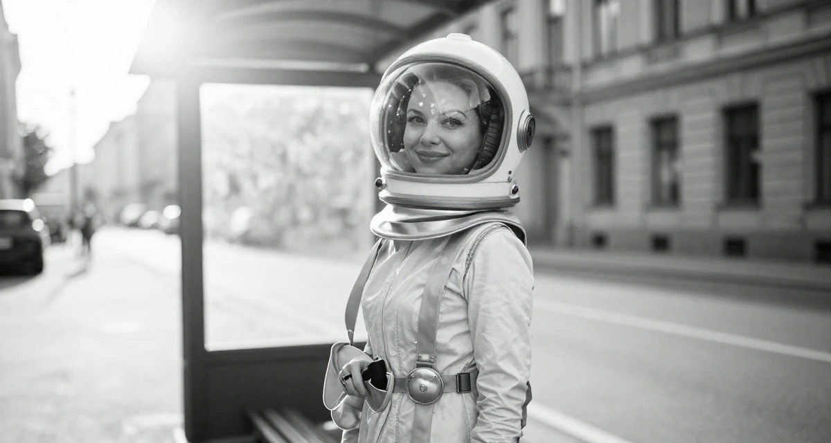 A smiling gently Female From Russia, studied psychology at a community college in their 36, preparing for a second child, wearing a retro sci-fi space girl outfit with a bubble helmet, looking for something in a pocket in a bus stop.