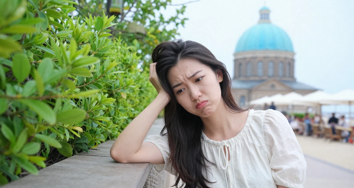 A pouting Female From Denmark, based in Aarhus, graduated from a media institute majoring in branding in their 20, feeling overwhelmed by academic pressure and expectations, wearing a light and airy spring attire, tucking hair behind an ear in a beach bar.