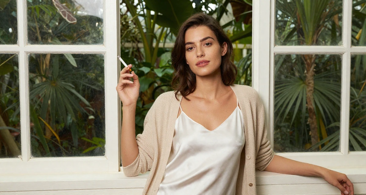 A harmonious Female From Belgium, studied film production in their 25, radiating an elegant and poised vibe, wearing a white silk camisole and a beige cardigan, holding a cigarette (lit or unlit) in a botanical greenhouse.