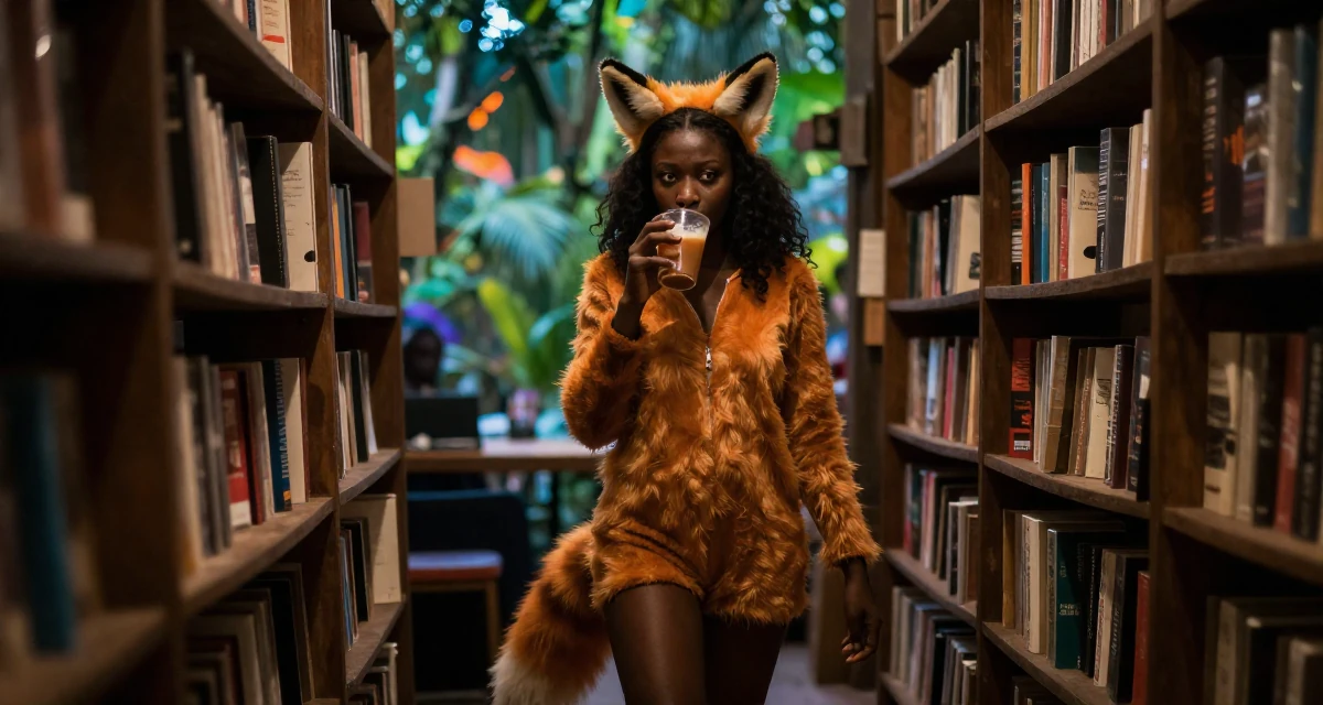 A indifferent Female From Ivory Coast, studied music production in their 23, taking first serious steps toward independence, wearing a fox spirit (kitsune) outfit with fluffy ears and tails, sipping a warm drink in a bookstore aisle.