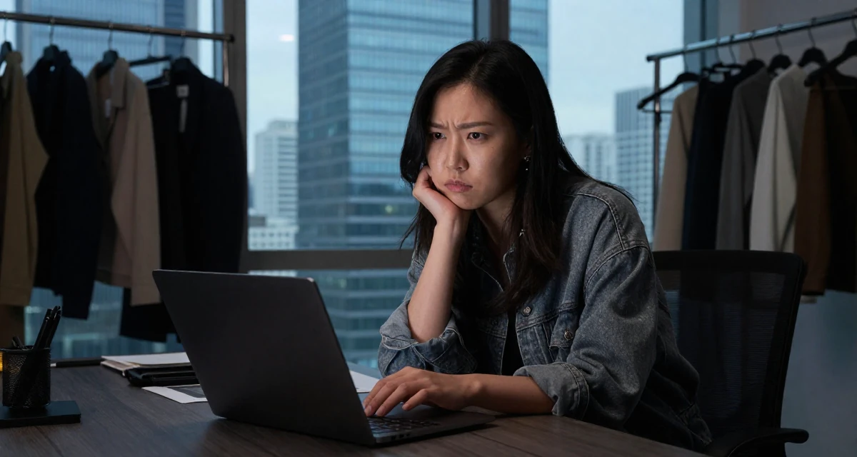 A cynical Female From Busan South Korea, majored in industrial design in their 30, first-time entrepreneur building a startup, wearing a relaxed streetwear, typing on a laptop in a fashion design studio.