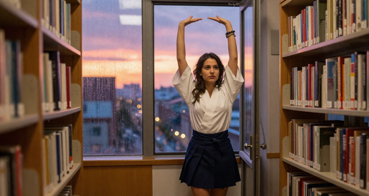 A poised Female From Portugal, majored in digital storytelling in their 38, sharing tips for effective remote work, wearing a shrine maiden outfit with a short hakama skirt, pushing a door open in a library aisle.