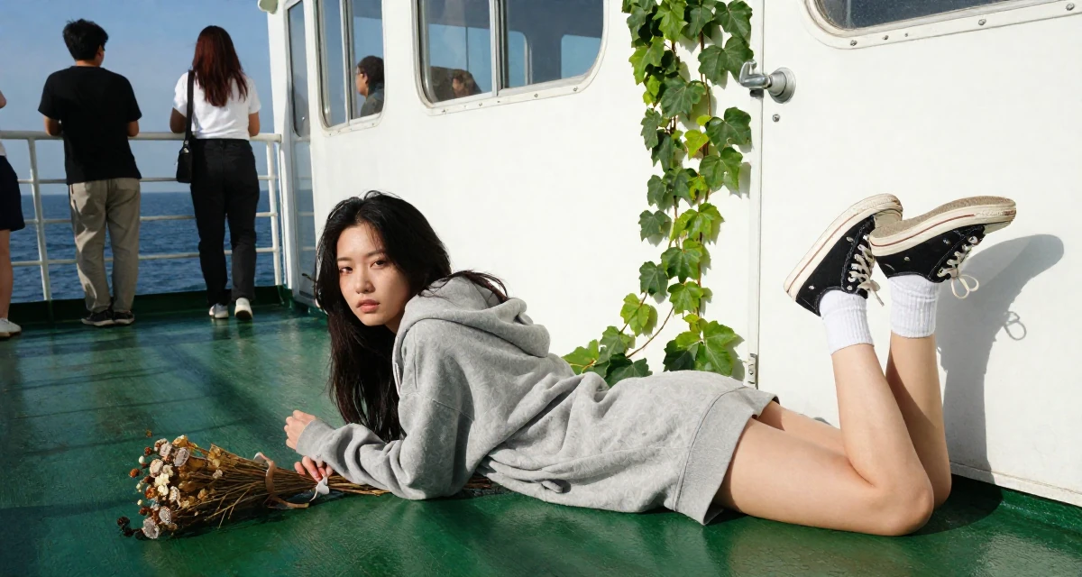 A grounded Female Born Chinese-speaking regions, studied strategic communication in their 22, grinding nonstop while peers enjoy carefree weekends, wearing a oversized hoodie worn as a dress, opening a door in a ferry deck.