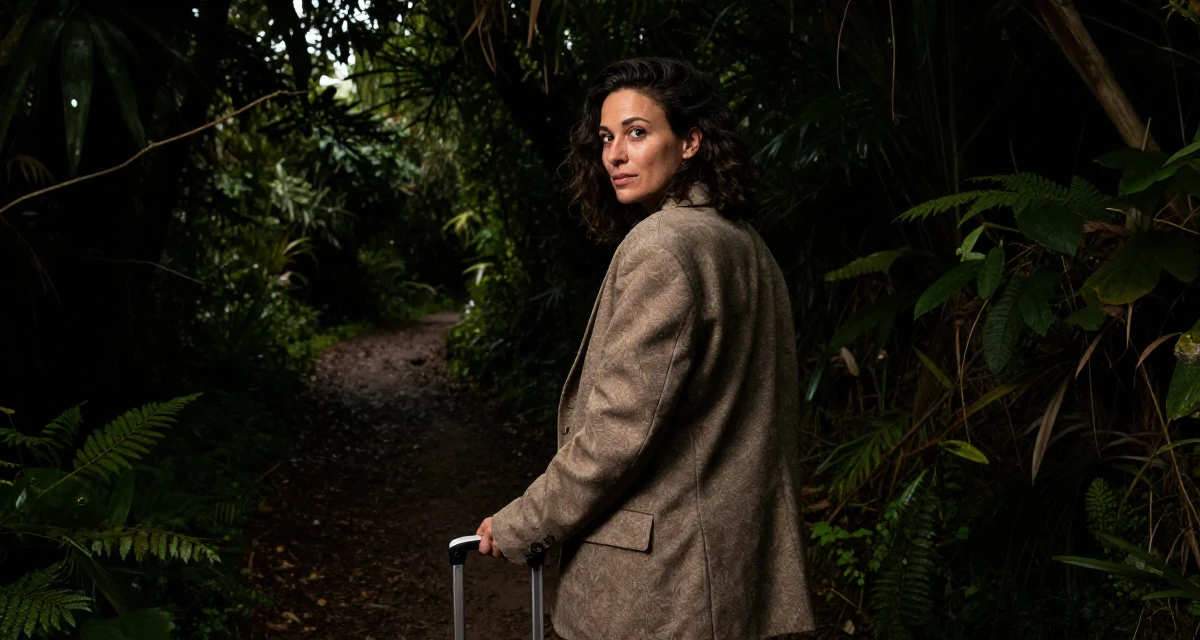 A refreshed Female From UK, studied anthropology in their 50, feeling more vibrant and energetic than ever, wearing a oversized blazer draped over the shoulders, polling a luggage handle in a mountain trail.