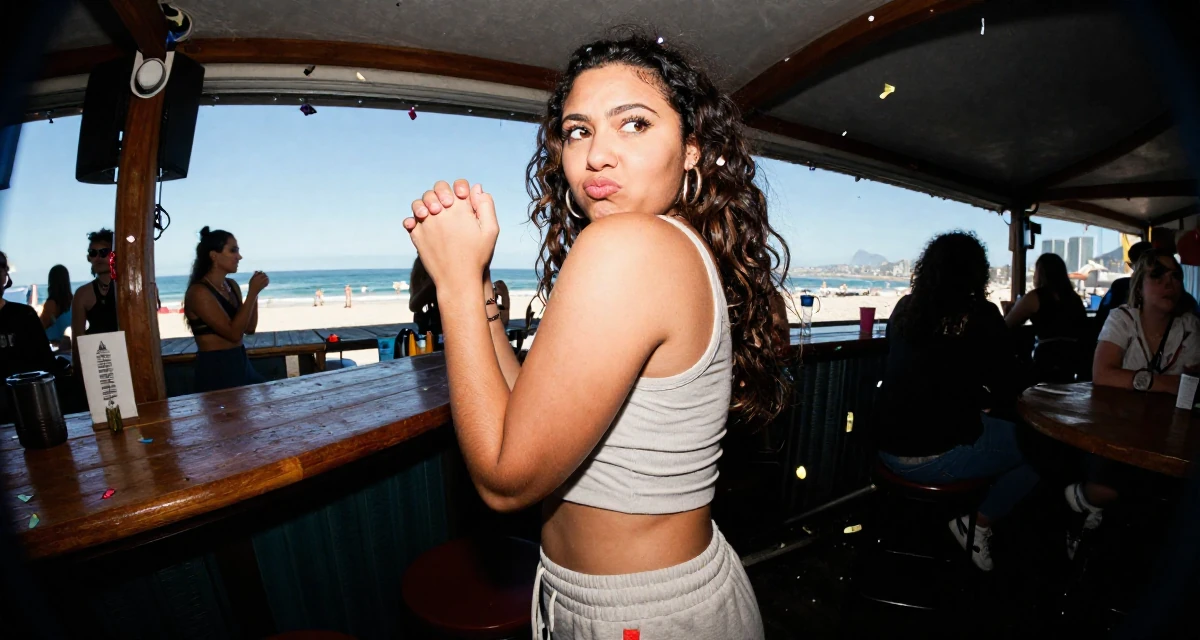 A pouting Female From South Africa, based in Cape Town, graduated from a fashion university majoring in body-positive styling in their 25, navigating emotionally intense relationships, wearing a cropped tank top and low-waisted sweatpants, clasping hands together in a beach bar.
