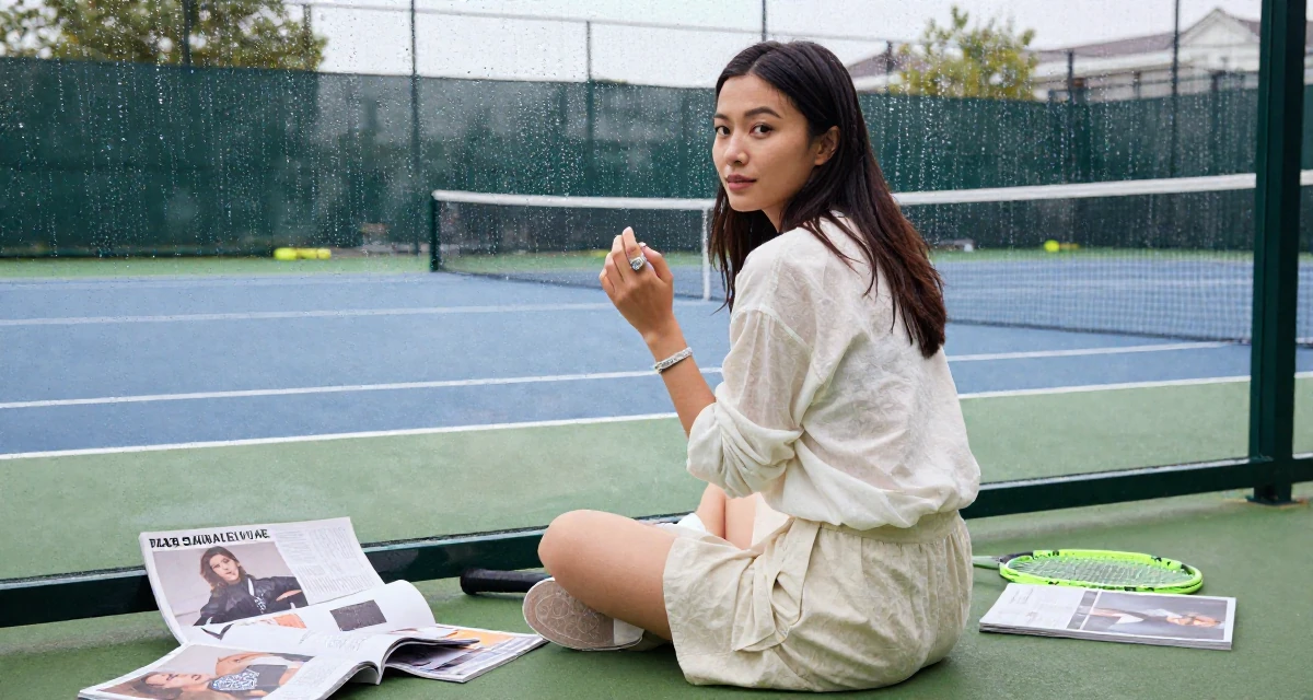 A relaxed Female Raised in the UAE, studied consumer behavior analytics in their 29, preparing for the transition into the 30s, wearing a light and airy spring attire, playing with a ring in a tennis court.