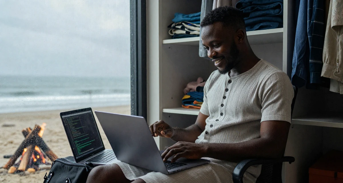 A charming male From Nigeria, studied biomedical science in their 38, sharing tips for effective remote work, wearing a ribbed cotton dress with buttons down the front, looking through a bag in a walk-in closet.