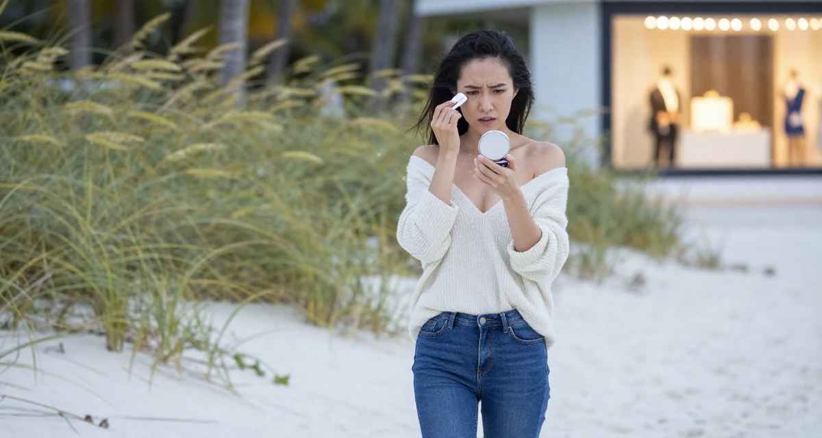 A ferocious Female From Chinese-speaking regions, studied mechanical design in their 23, realizing that friendships require hard work, wearing a plunging v-neck sweater and skinny jeans, checking makeup in a compact mirror in a tropical white sand beach.