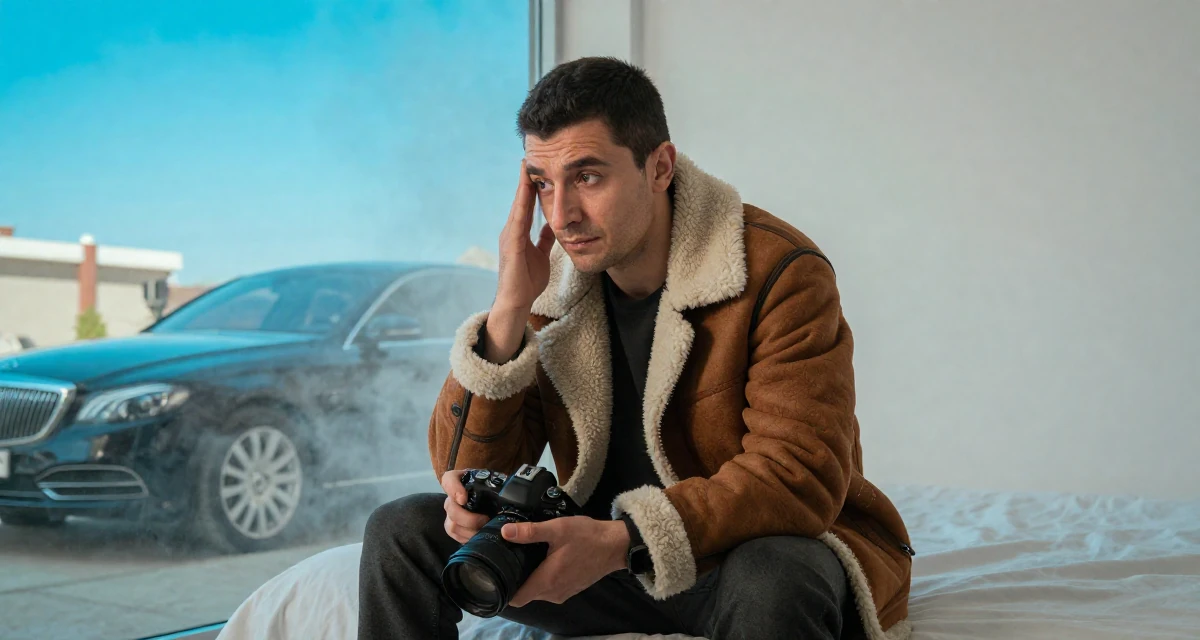 A thoughtful male From Azerbaijan, majored in petroleum engineering in their 25, handling pressure from family expectations, wearing a warm shearling jacket, holding a camera in a minimalist bedroom.