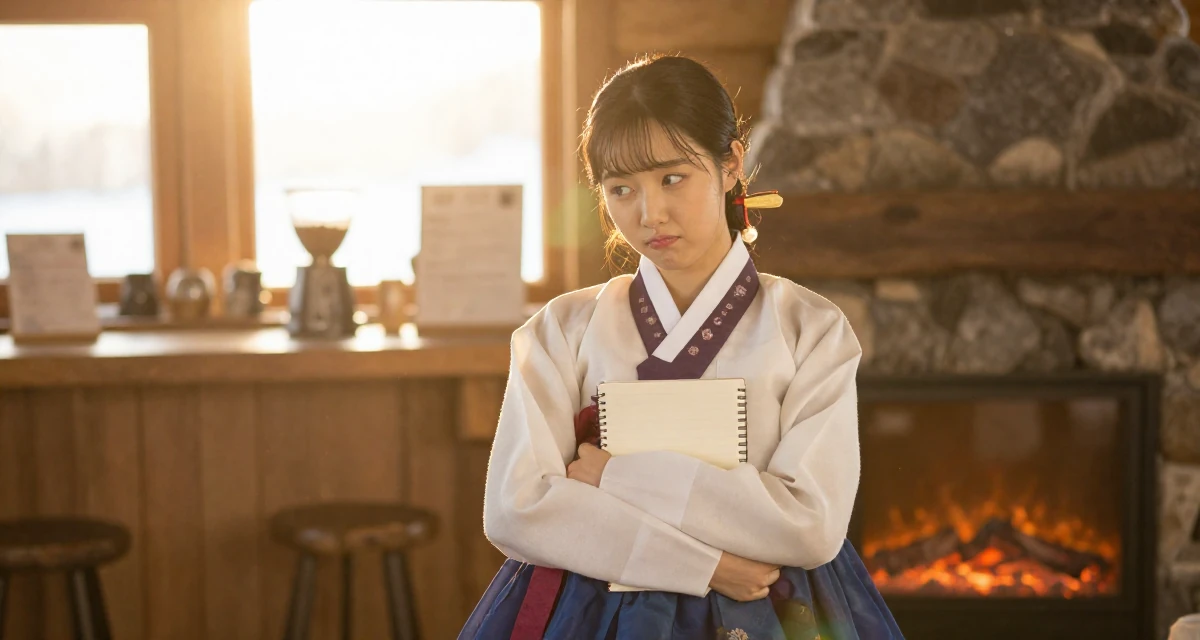 A unbothered Female From China, majored in journalism in their 22, maintaining emotional distance while delivering flirty energy, wearing a traditional hanbok modified for a modern look, holding a notebook in a ski lodge fireplace.