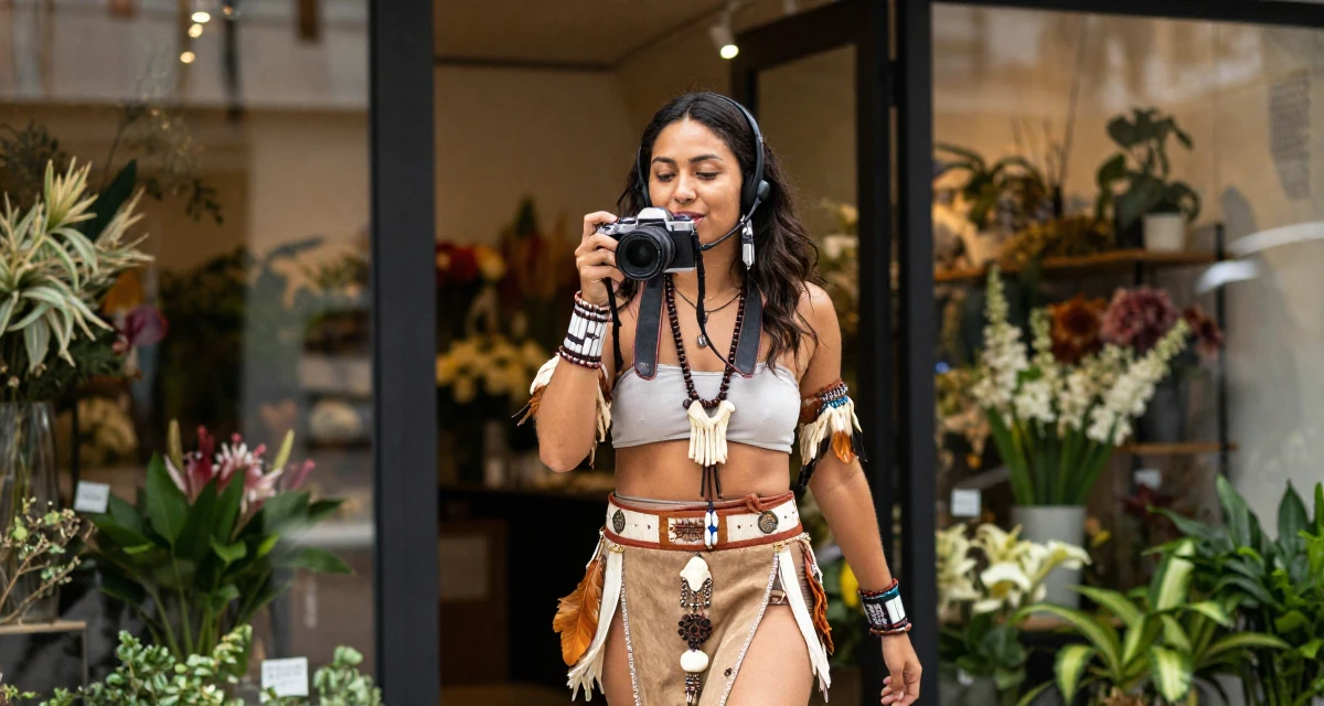 A warm and welcoming Female Once a call-center agent, now a confident camera-ready creator in their 23, enjoying the first taste of disposable income, wearing a tribal shaman outfit with feathers and bones, holding a camera ready to shoot in a flower shop.